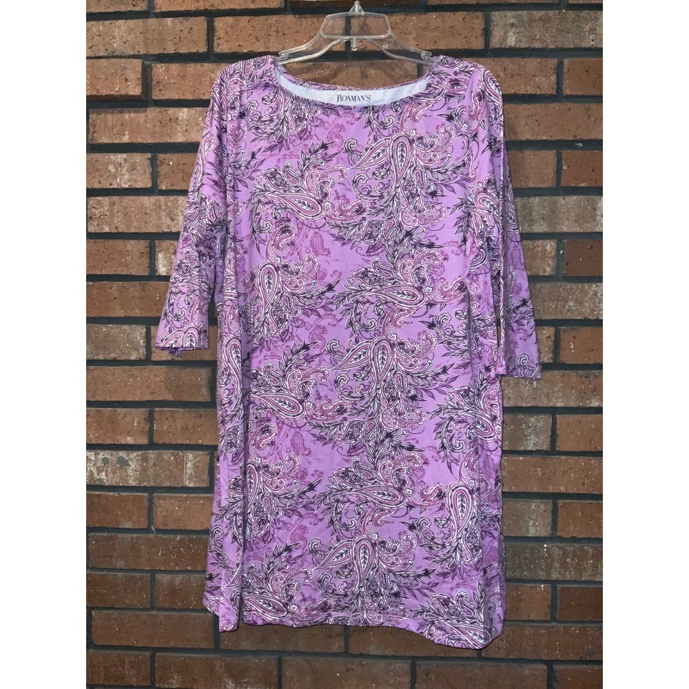 Roaman's Women's Purple Paisley Print 3/4 Sleeve‎ Casual Dress Size 14/16